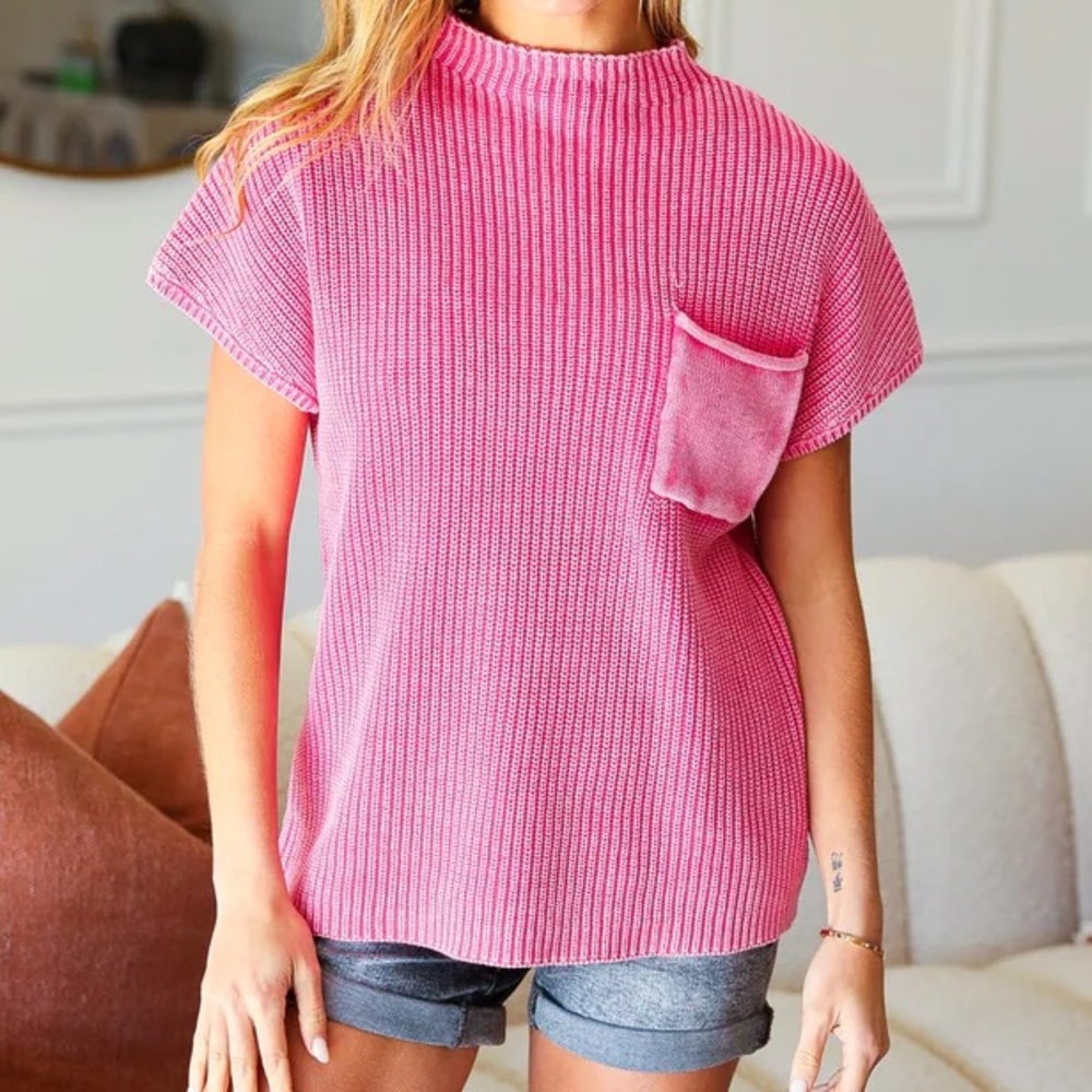 Pink Sweater Knit Short Sleeves Top, Ribbed, High Collar, Chest pocket